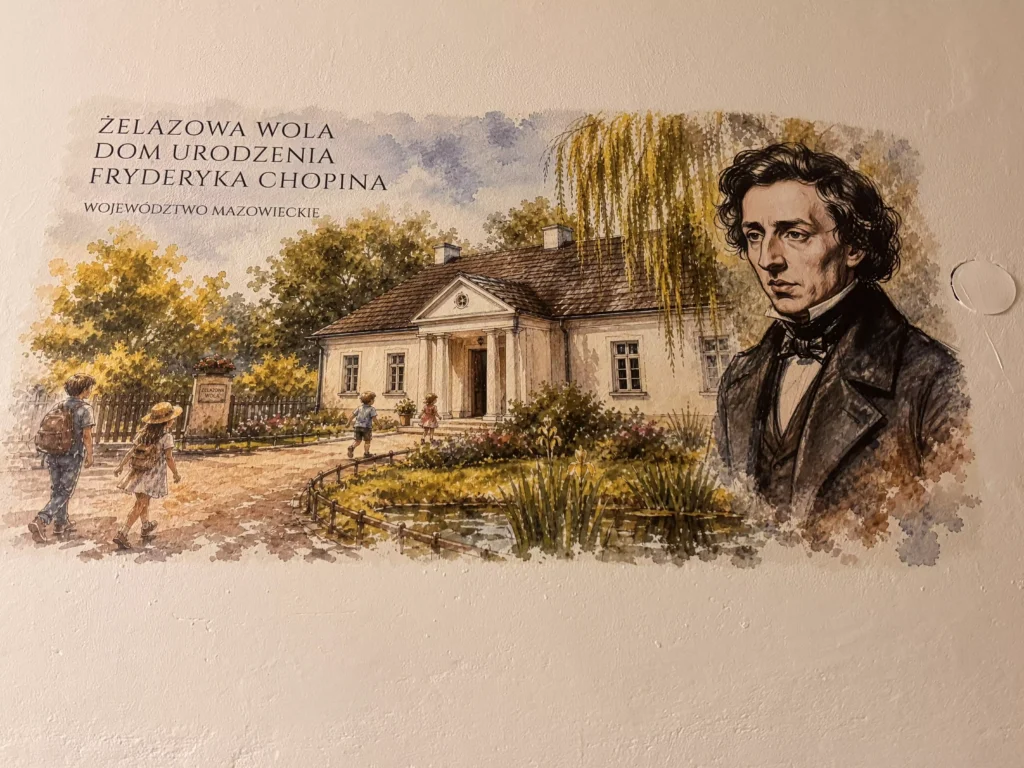 Grafika edukacyjna Żelazowa Wola Dom Urodzenia Fryderyka Chopina - bezpośredni druk ścienny UV w szkole w Ozimku