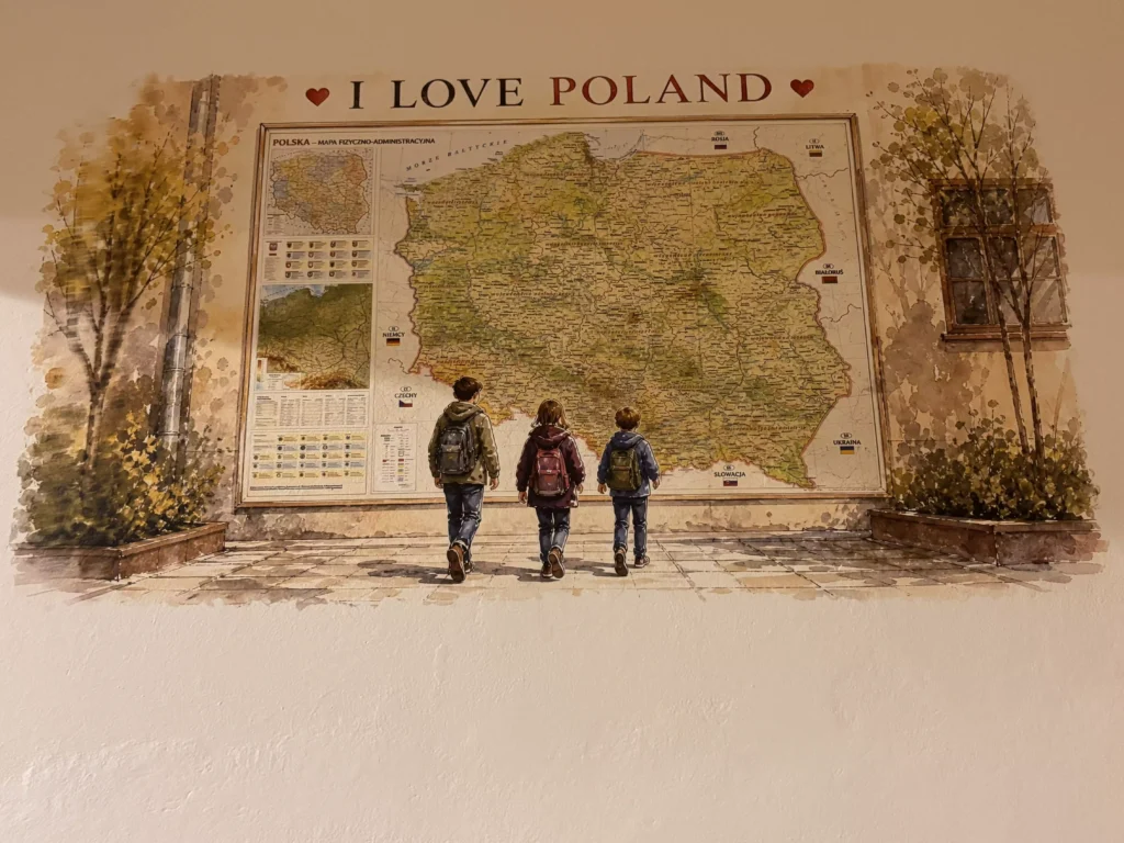 Grafika edukacyjna I Love Poland z mapą Polski - bezpośredni druk ścienny UV na szkolnym korytarzu