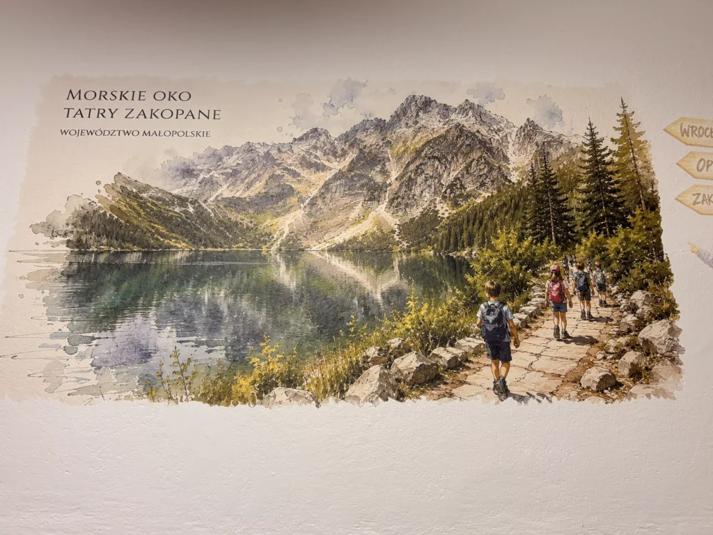 Grafika edukacyjna Morskie Oko i Tatry Zakopane - bezpośredni druk ścienny UV na szkolnym korytarzu