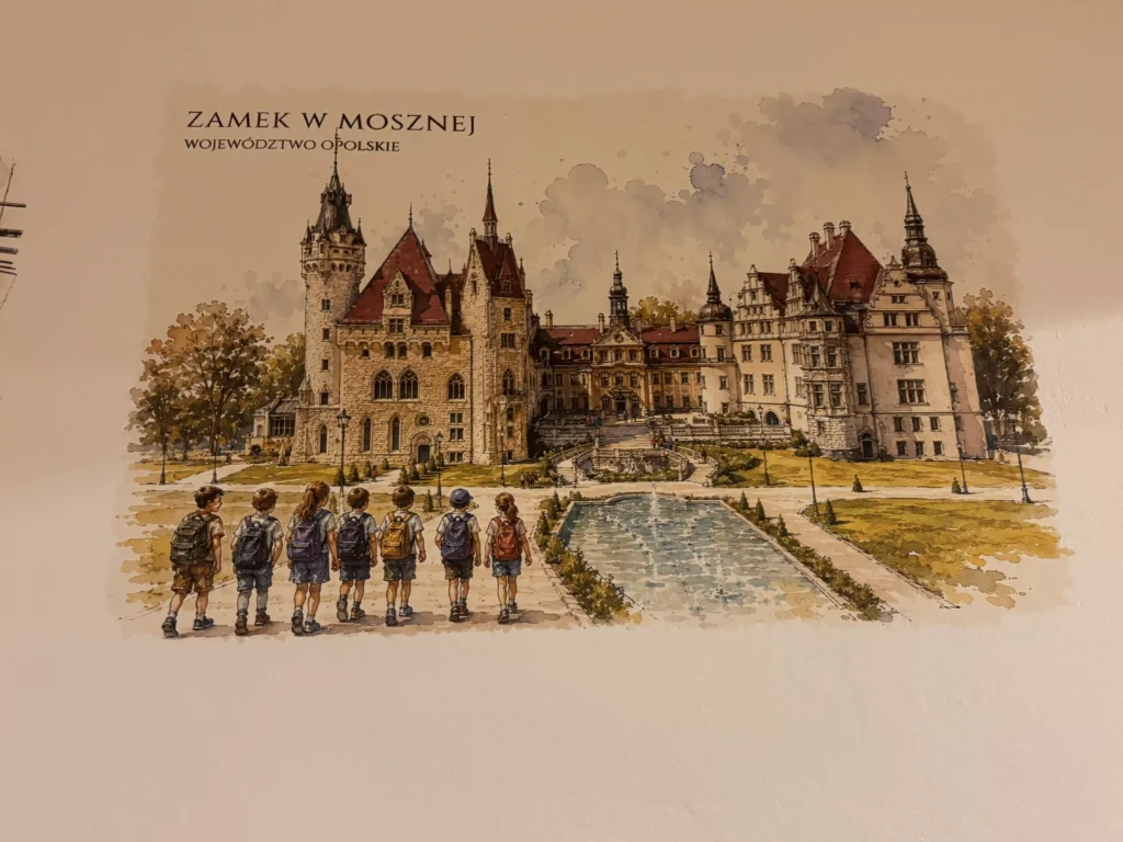 Grafika edukacyjna Zamek w Mosznej wydrukowana na ścianie w szkole - bezpośredni druk ścienny UV