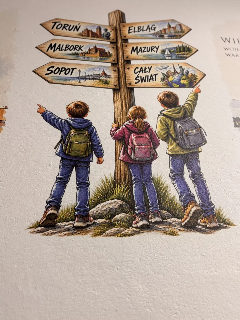 Grafika edukacyjna dzieci z plecakami przy drogowskazie wskazującym polskie miasta i cały świat - bezpośredni druk ścienny UV w szkole w Ozimku