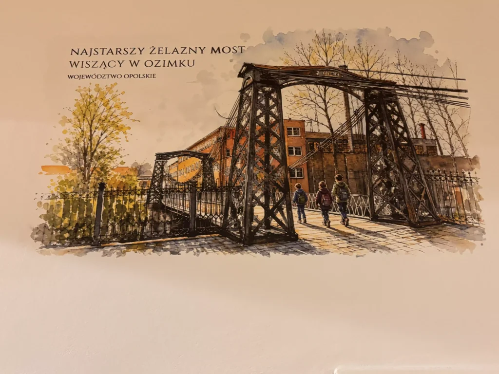 Grafika edukacyjna najstarszy żelazny most wiszący w Ozimku - bezpośredni druk ścienny UV w szkole